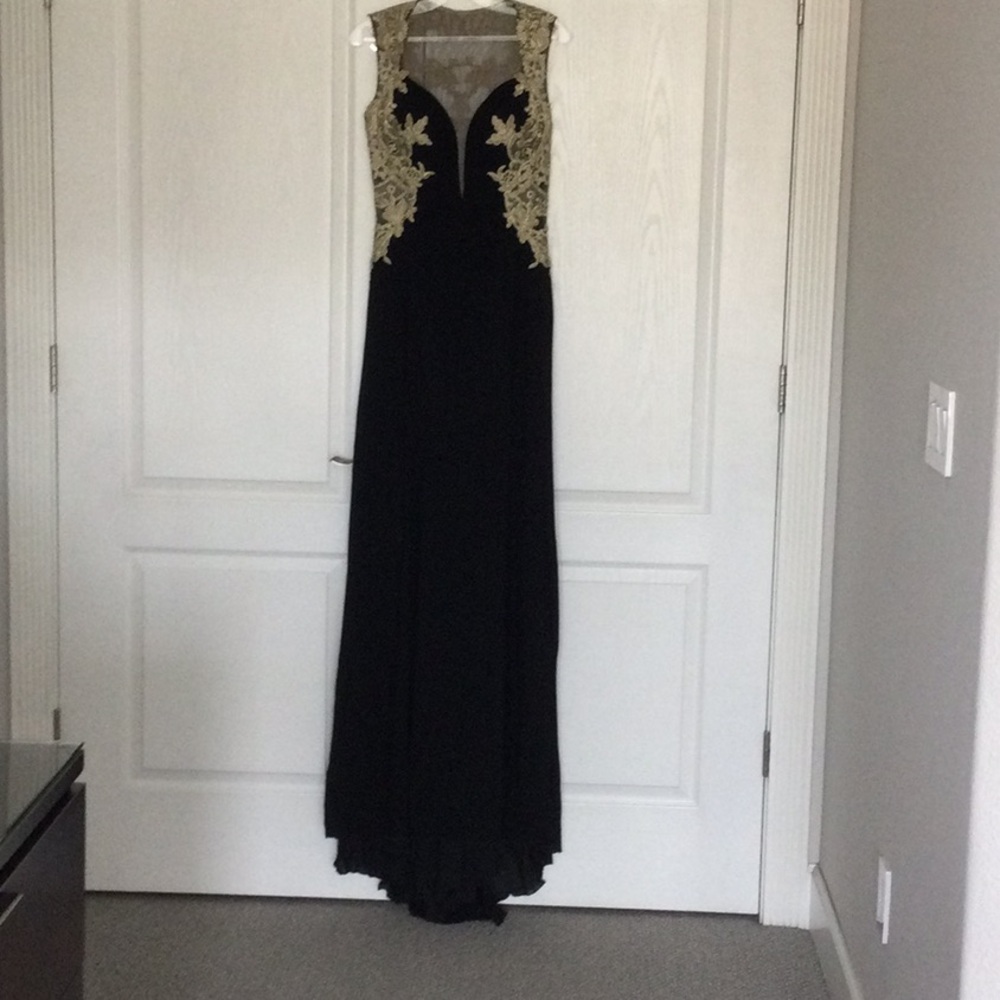 JVN by Jovani Black and Gold Sleeveless Prom Gown